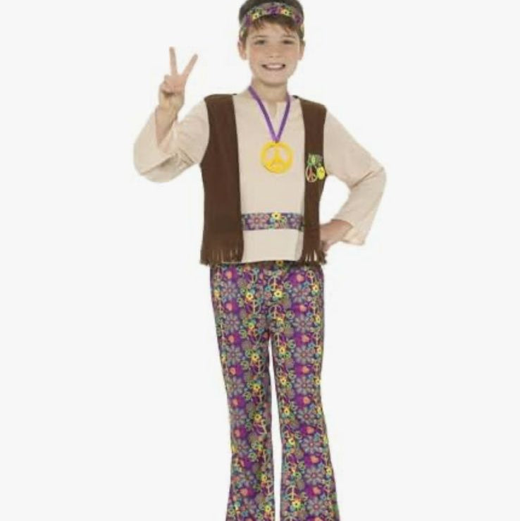 Child wearing a costume with a vest and colorful pants on an Amazon product page.